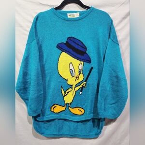 VTG Rare 1985 Tweety Bird Looney Tunes Merry Melodies Size Large Teal‎ Sweater